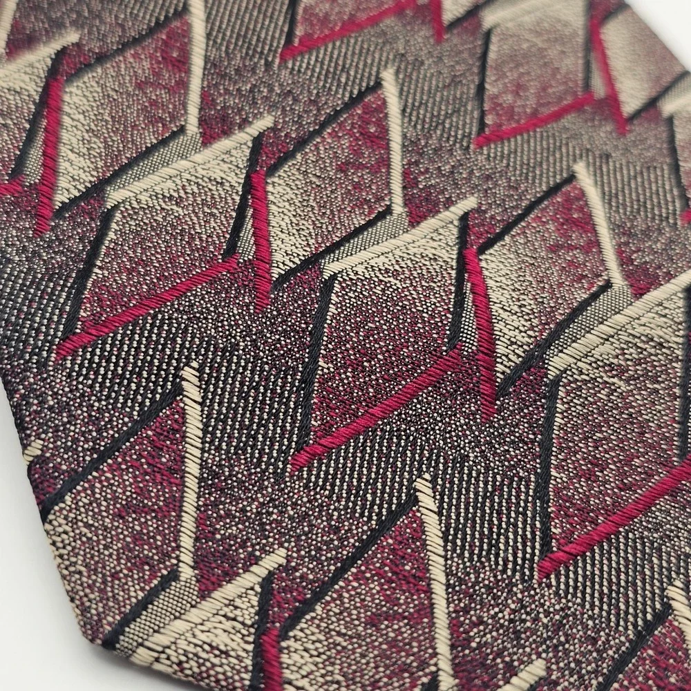 Stefano Milano Silk Tie Burgundy Pewter Geometric Art Deco Italian Hand Made‎